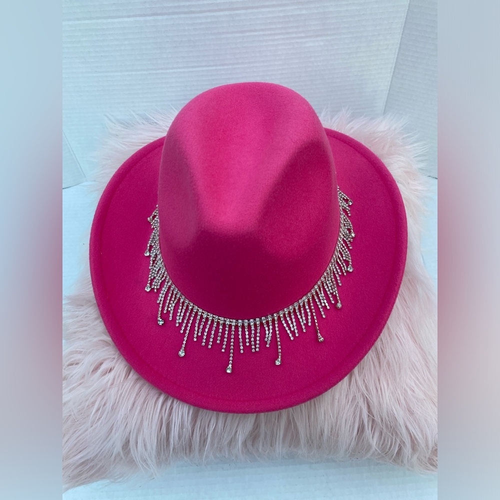 David and Young Hot Pink Fedora Hat with Rhinestone Fringe💝✨💝✨💕